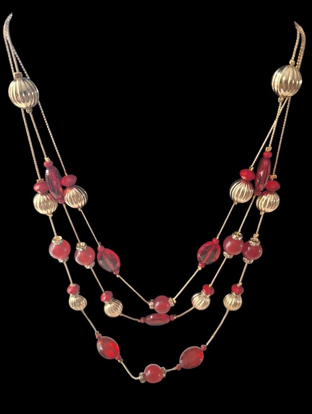 Elegant Multi-Strand Red & Gold Beaded Necklace